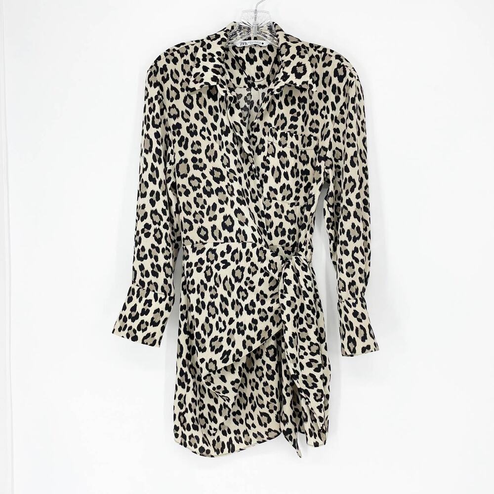 Zara Animal Print Silky Collared Mini Wrap Dress Size XS